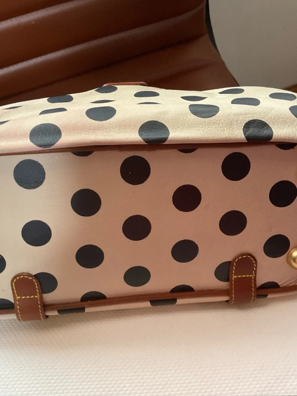 Anthropology .  HOLDING HORSES Cream Polka Dot Shoulder Satchel with Brown Trim - Picture 5 of 6